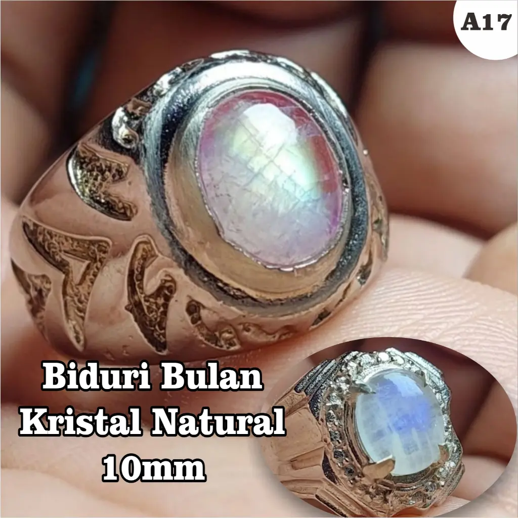 Cincin biduri bulan kristal 10mm natural / cincin pria moonstone biduri laut ceylon srilanka / A17