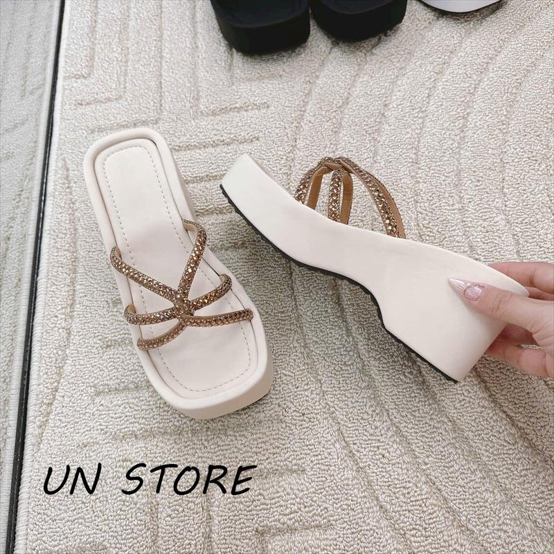 USD030 Dép đế xuồng xoàn chéo 6 dây đính đá cao 7 phân đi chơi đi dạo phố Nữ Sandal DéP Nhung Shoes GiàY Jean Len