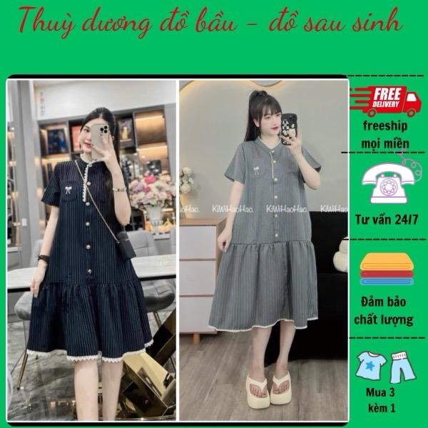 Váy Bầu Váy Sau Sinh (V169) Kẻ  Xanh- Ghi Thêu Nơ - Cổ Hoa Cúc- Dáng babydoll  ( 40-70kg). 1