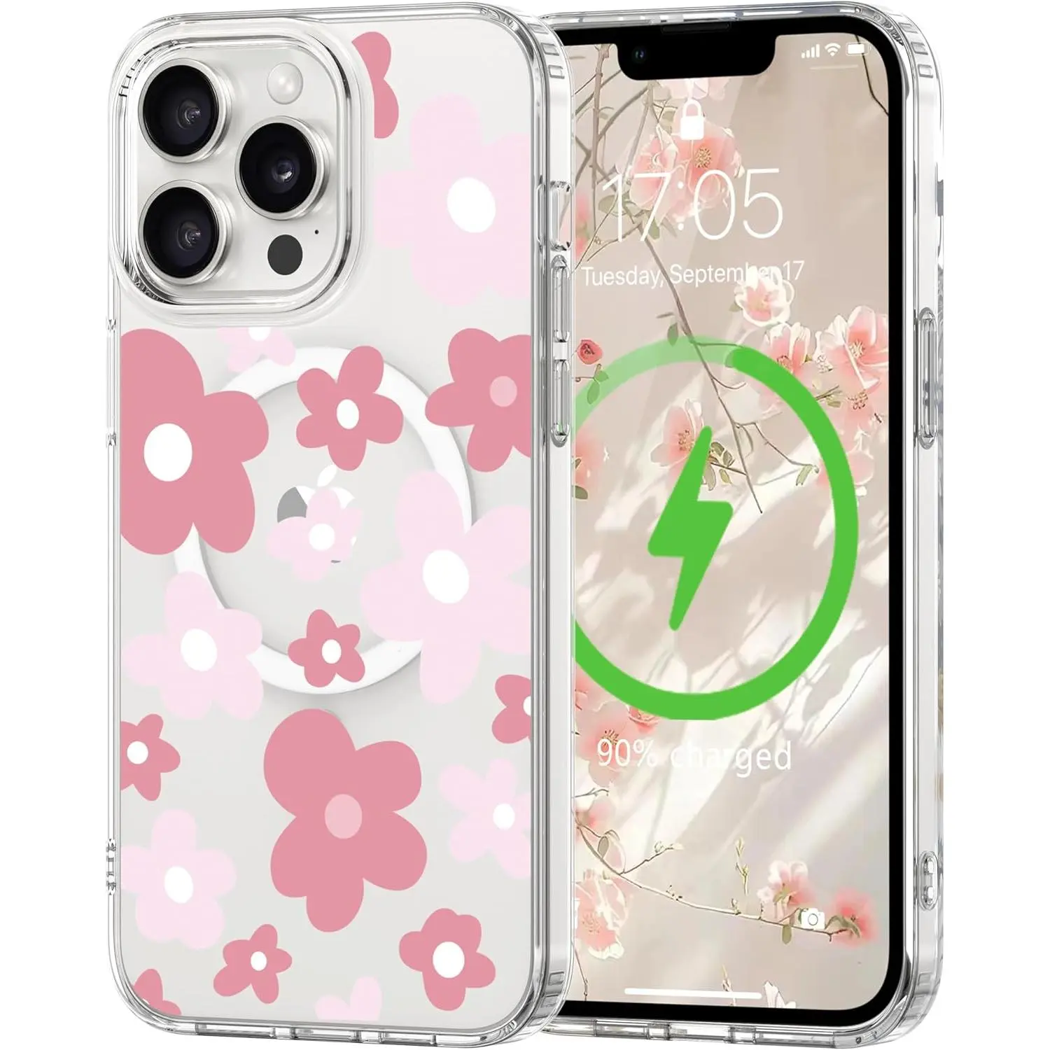 L-FADNUT Magnetic for iPhone 14 Pro Case, Compatible with Magsafe Floral Pattern Design, Clear Girly Flower Cover Slim Bumper Shockproof Protective Phone Case for iPhone 14 Pro Pink