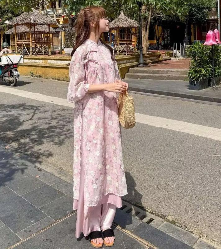 Áo dài voan tơ BẠCH VŨ in hoa phối thắt nơ đôi 4