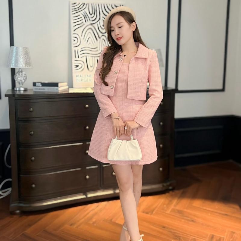 Lita Set dạ hồng cổ sen áo khoác kèm váy yếm dây thanh lịch sang trọng đi làm đi tiệc B083 Tay dài Top Nữ Women Kem Voi 4