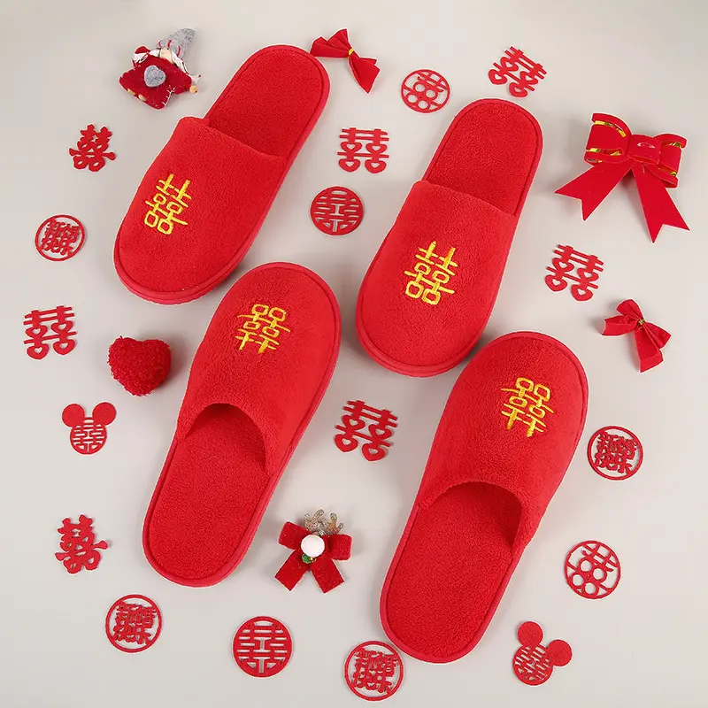 2025 New Cheap Beautiful Disposable RED DOUBLE HAPPINESS Coral Velvet Slippers Wedding Celebration Photographic Studio Hotel Chinese Wedding Bride Groom Red Eva Sole