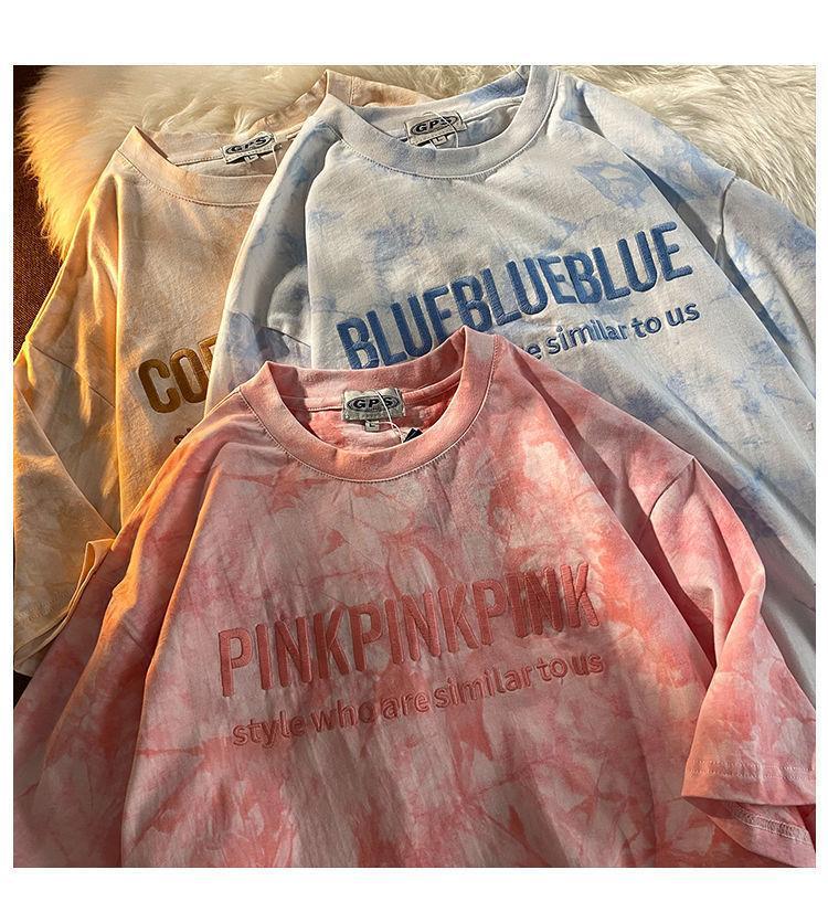 Product Introduction of Tie-Dye Top T-Shirt Embroidered Letters Couple Outfit Best Friend Outfit Short Sleeve T-Shirt Women Summer Loose Casual Top T-Shirt 9