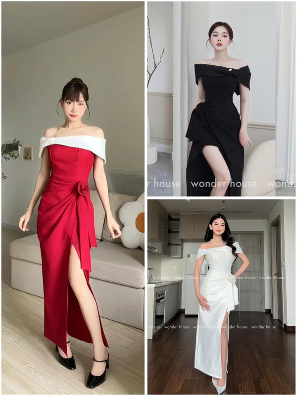 Vivian Dress Wonderhouse Đầm trễ vai dáng dài xếp ly chất vải dày dặn dự tiệc sang chảnh, dạo phố nữ tính