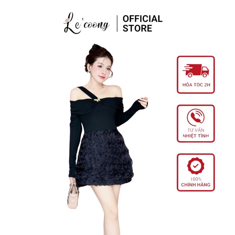 Váy Tiểu Thư Dáng Ngắn Trễ Vai Tay Dài LECOONG V689 Đầm Đẹp Sang Chảnh Cách Điệu Màu Be Đen