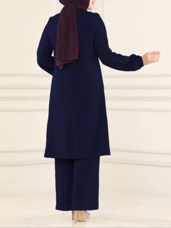 Women's Plain Contrast Sequin Bishop Sleeve Round Neck Top & Wide Leg Pants Islamic Set, Casual Long Sleeve Top & Trousers for Daily Wear, Ladies Islamic Clothing for All Seasons,abaya for women 5