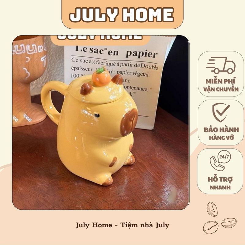 Ly Cốc sứ uống nước họa tiết hình Capybara 450ml có nắp có quai cầm tặng kèm thìa hoa anh đào