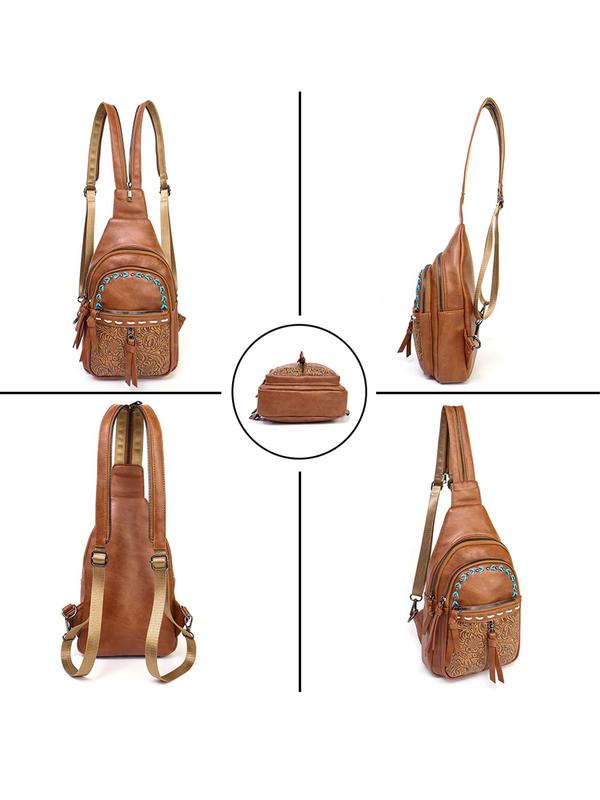 Boho Style PU Leather Chest Bag, Fashionable Floral Pattern Embossed Backpack with Adjustable Strap, Casual Trendy Versatile High-quality Daily Commuting Bag 2