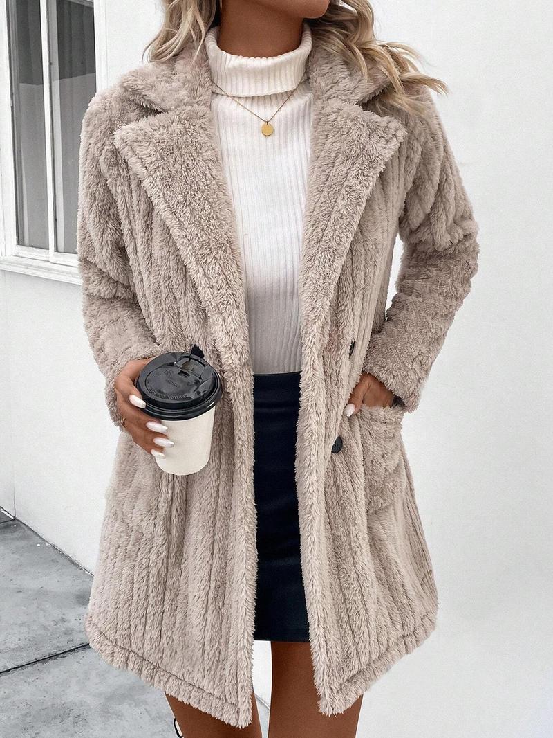Product Introduction of Women's Solid Color Double Button Pocket Fuzzy Coat, Casual Long Sleeve Lapel Neck Outerwear for Fall & Winter, Women's Clothing for Daily Wear 4