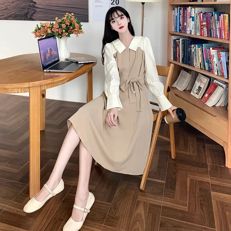 Autumn and winter French contrasting patchwork dress with high waist, fashionable and gentle style skirt【255】