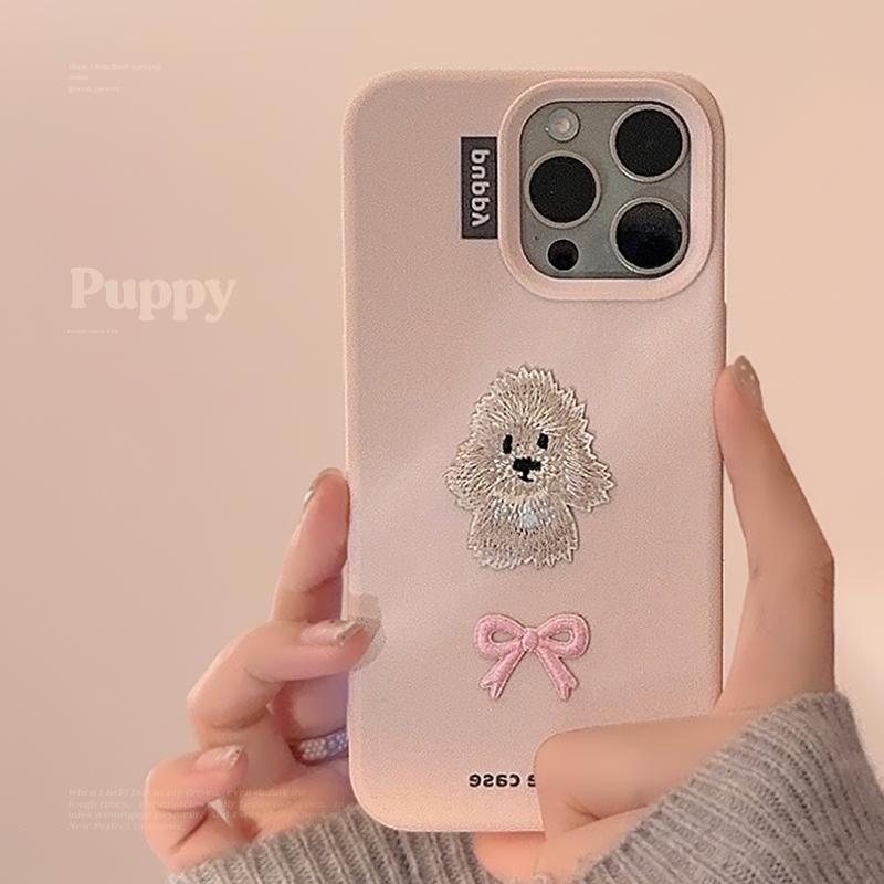 Product Introduction of 【Hot new models】Pink puppy bow tie poodle dog Embroidery art Phone Case For iPhone 16 15 14 13 12 11 Pro Max Case Cute Sweet Cartoon Soft Cover 0