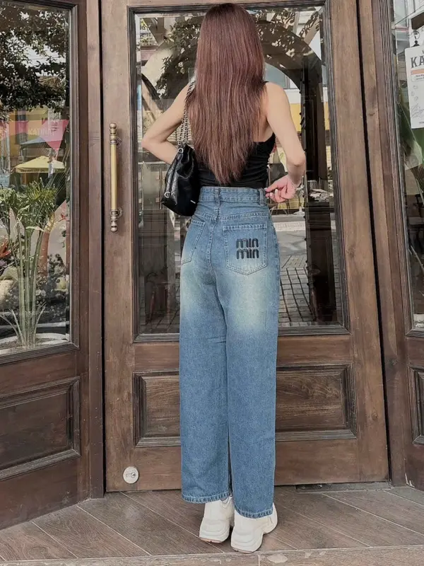 (Suông nấm lùn-95cm) Quần jeans suông nấm lùn thêu minmin, tông màu xanh nhạt bụi, chất jean sotton không giản 208 Nữ Women Pants 1