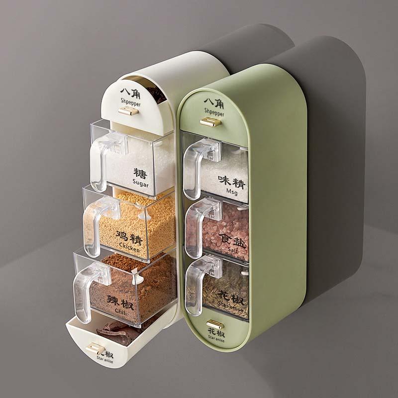 Creative and Convenient Kitchen Sugar and Salt Shaker Seasoning Container Box Household Wall-mounted Perforation-free Combination Shelf Storage Rack Spice Utensils Seasoning Box 3