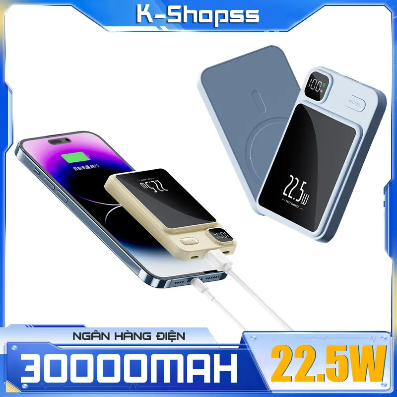 Sạc Dự Phòng Không Dây 30000mAh Có Sạc Nhanh PD Màn Hình LED Hiện Thị Phần Trăm Pin Dung Lượng Lớn sac pind