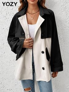 YOZY Women's Colorblock Raglan Sleeve Button Front Trench Coat, Casual Long Sleeve Collared Pocket Coat for Fall & Winter, Women's Clothing for Daily Wear