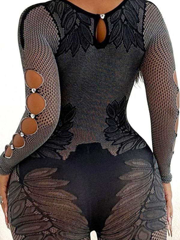 Women's Plants Pattern Cut Out Sheer Jumpsuit, Long Sleeve Keyhole Neckline Skinny Jumpsuit for Party Club Dating, Ladies Clothes for All Seasons Valentine's Day, gift 5
