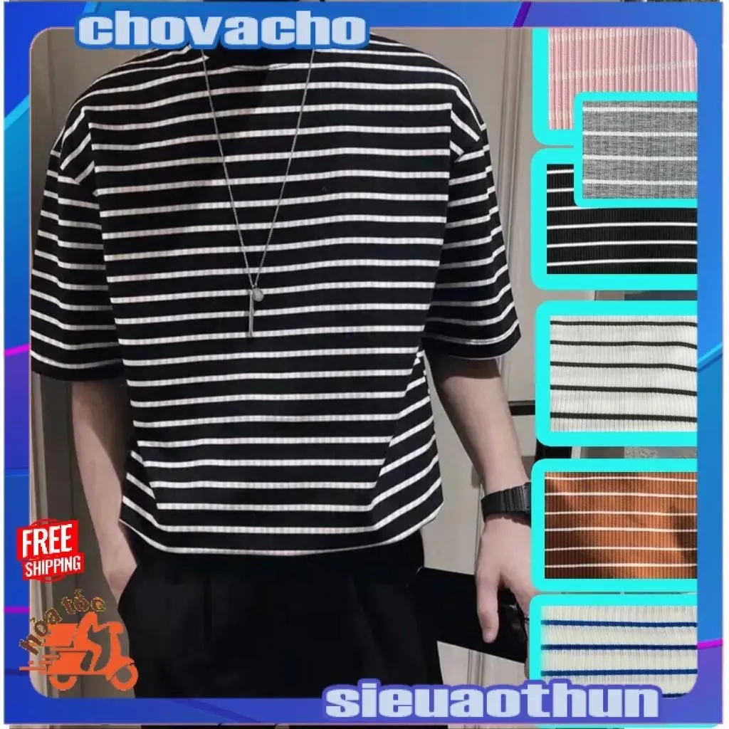 Áo thun Stee Cổ ôm Sọc ngang B&W CVC - Giá sỉ Unisex Cotton Menswear Cotton Menswear Cổ Tròn
