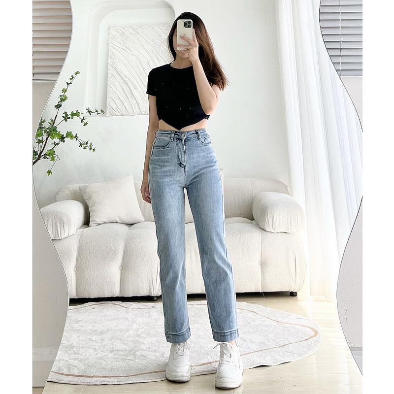 Product Introduction of CH25 - Quần ống đứng lai 3 phân lưng cao co giãn Nữ, quần  bò  Women Jean 11