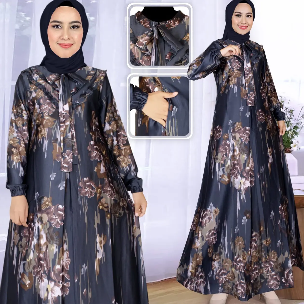 (jumbo Ready )Gamis Motif Terbaru Bahan Silk Premium /Model Krah Leher/Rampel Didada Gamis Muslim Wanita Silky Dress Rempel Mewah Kantong Kerah