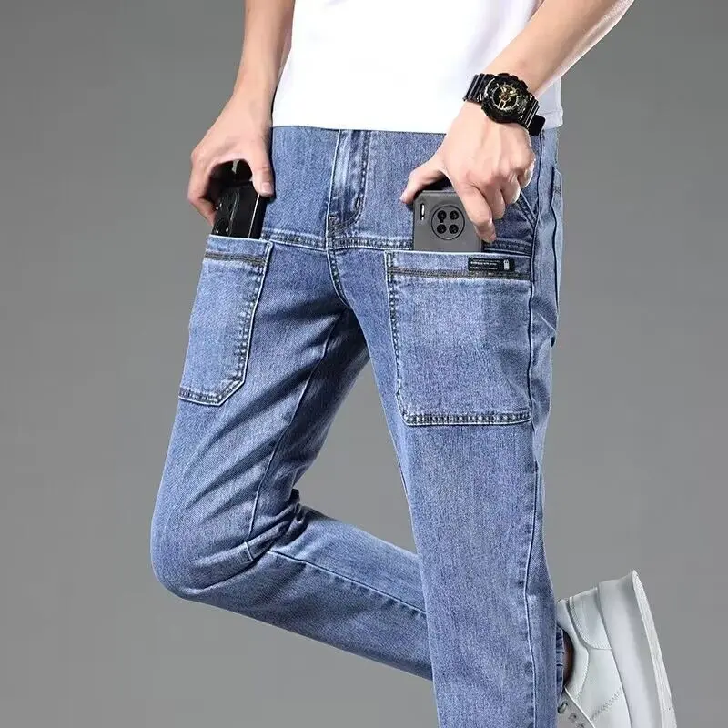 Spring and Summer Thin Six-Pocket Men's Jeans Elastic Straight Loose Men's Pants Multi-Pocket Leisure Cargo Long Jeans