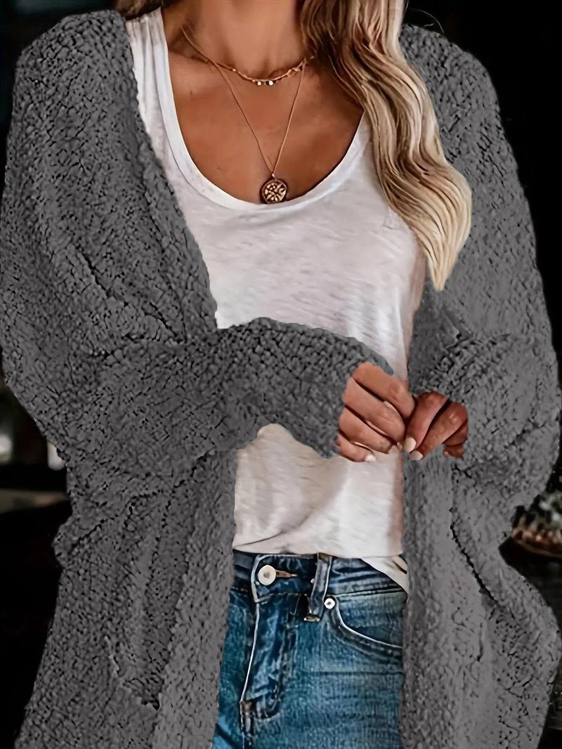 Product Introduction of Women's Solid Pocket Batwing Sleeve Cardigan, Casual Long Sleeve Open Front Outerwear for Daily Wear, Ladies Clothes for All Seasons 4