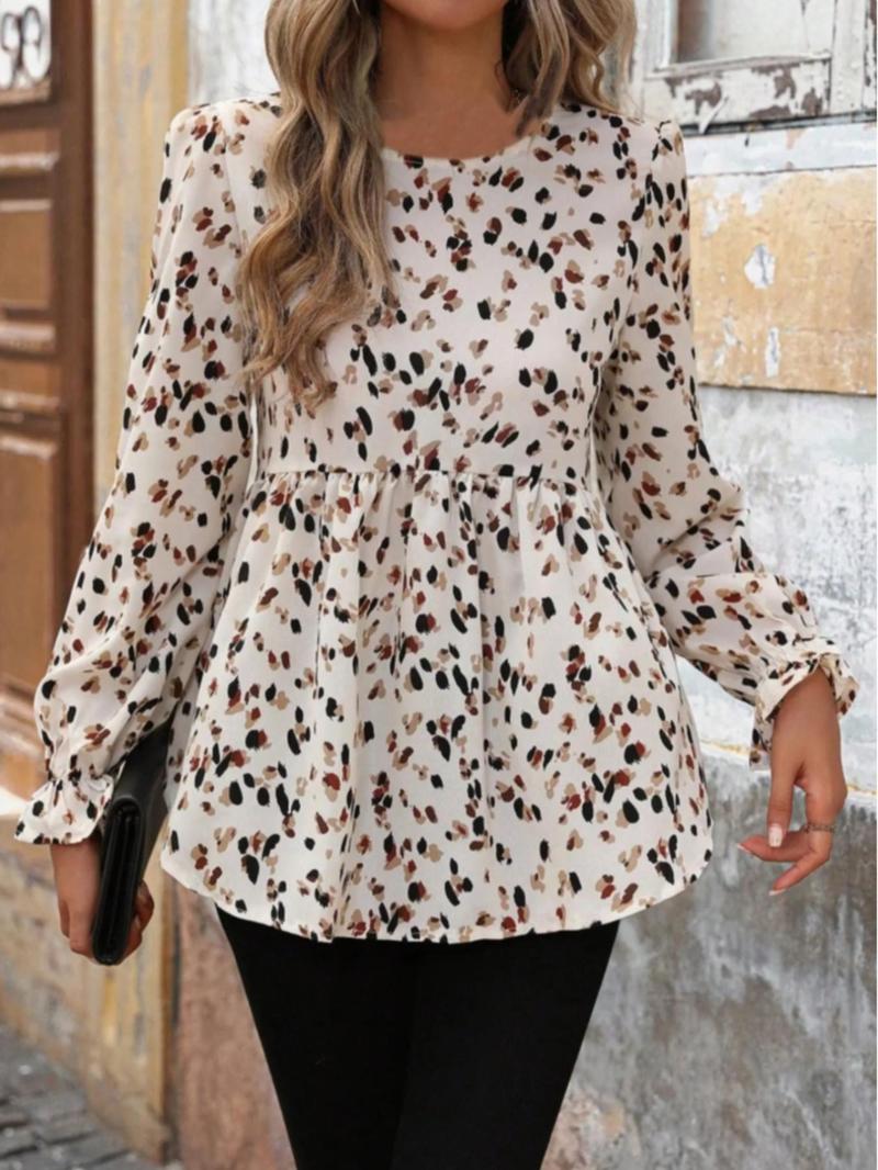 Product Introduction of Women's All Over Print Flounce Sleeve Blouse, Elegant Long Sleeve Round Neck Top for Spring & Fall, Women's Clothing for Daily Wear 3
