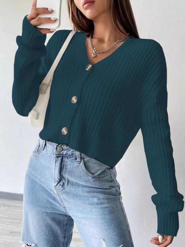 Women's Plain Button Front Drop Shoulder Cardigan, Casual Solid Long Sleeve V Neck Knitwear for Fall & Winter, Women's Clothing for Daily Wear, Workwear for Women, Go Out Tops, Womenswear 1