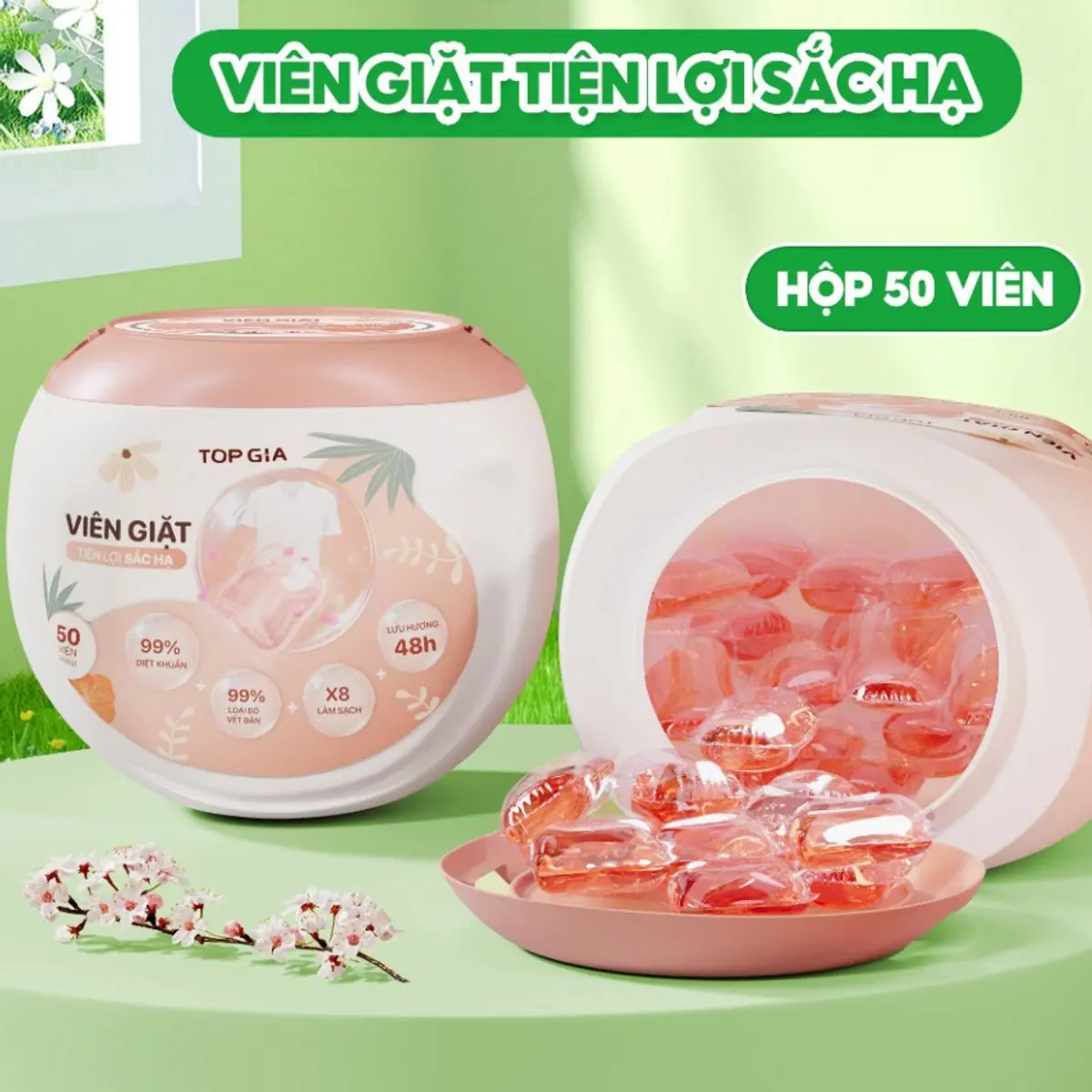 Hộp 50 viên giặt xả Top Gia viên giặt tự tan lưu hương 48h mềm vải sạch khuẩn