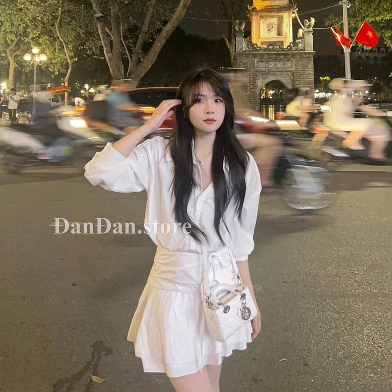 VÁY SƠ MI THÔ XƯỚC CỔ NHỌN CHÂN BÈO XÒE DÚM EO KÈM DÂY ĐEO HOA metwo.dearu - Đầm thô nhăn QC thiết kế bèo tầng khóa sườn ôm eo kèm dây mix ulzzang tiểu thư Hàn Quốc Nữ Women Kem Dress