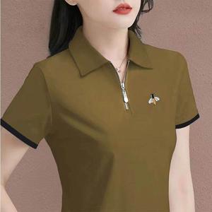 Korean Style New Design Bee Print Women Short Sleeve Zipper Polo shirt Casual Oversized Army green Stand Collar T-shirts Female Summer Lapel Tops