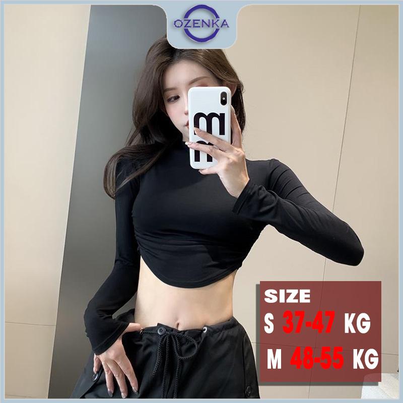 Áo croptop tay dài cổ lọ ôm nữ ozenka,áo crt kiểu cổ cao 3 phân rút eo vạt bầu tôn dáng màu đen trắng dưới 55 kg Cotton Jean Thun Cổ Tròn Denim Sơ Mi Women