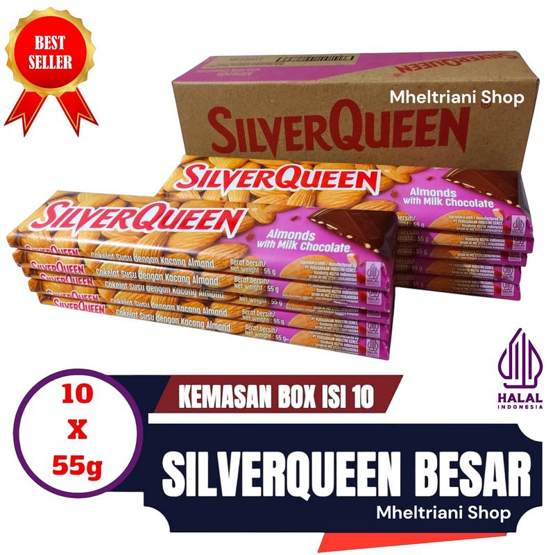 SILVERQUEEN 55g BESAR 1 BOX ISI 10 PCS varian Almonds with Milk chocolate | Milk Chocolate With Cashews Cokelat Mete Coklat 1