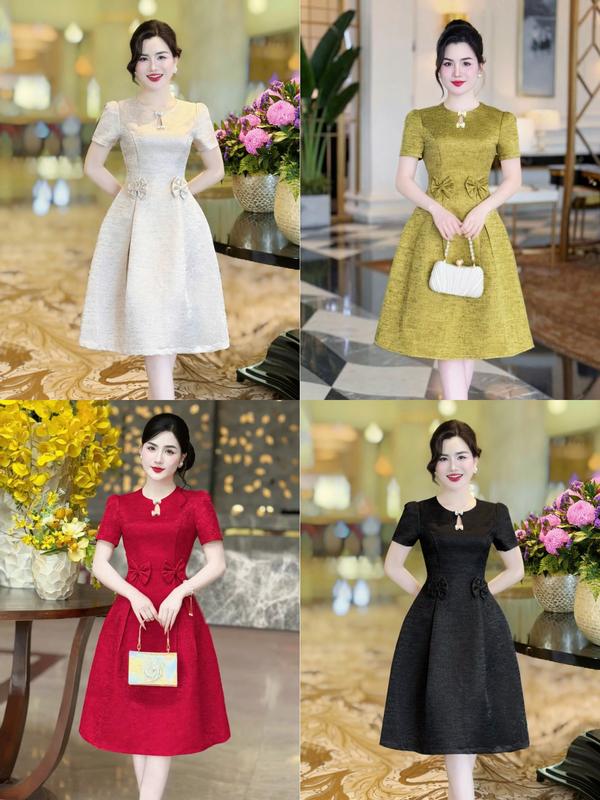   MIỄN SHIP  BST MDU4486 Váy Tafta Ánh Kim 2 Lớp - Thiết Kế Cổ Tròn Thanh Lịch Điểm Xuyến Nơ Duyên Dáng Cho Nữ Women Dress 