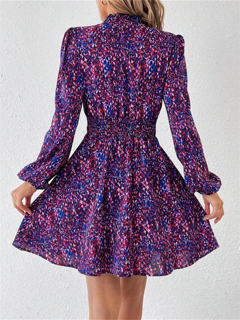 Product Introduction of Women's All Over Print Frill Trim Shirred Mock Neck A Line Dress, Elegant Bishop Sleeve Short Dress for Spring & Fall, Women's Clothing for Daily Wear 2