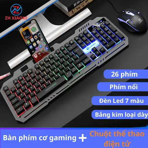 Bàn Phím Máy Tính Gaming ZH XIAOKE, Bộ bàn phím kèm chuột gaming có dây giả cơ chống nước có đèn led