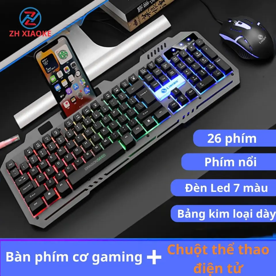 Bàn Phím Máy Tính Gaming ZH XIAOKE, Bộ bàn phím kèm chuột gaming có dây giả cơ chống nước có đèn led