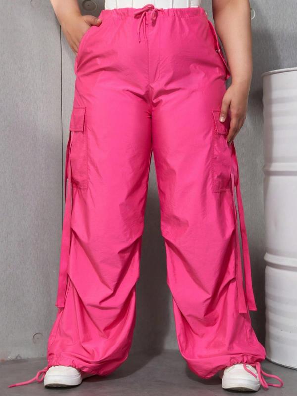 Plus Size Drawstring Waist Cargo Pants, Casual Pocket Design Loose Trousers for Women, Women's Bottoms for Spring & Fall 4