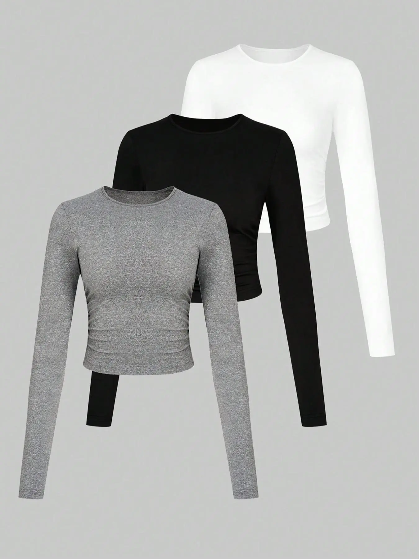 Women's Solid Ruched Round Neck Crop Tee, Summer Clothes, Casual Long Sleeve Crew Neck T-shirt for Fall & Winter, Women's Clothes for Summer Daily Wear