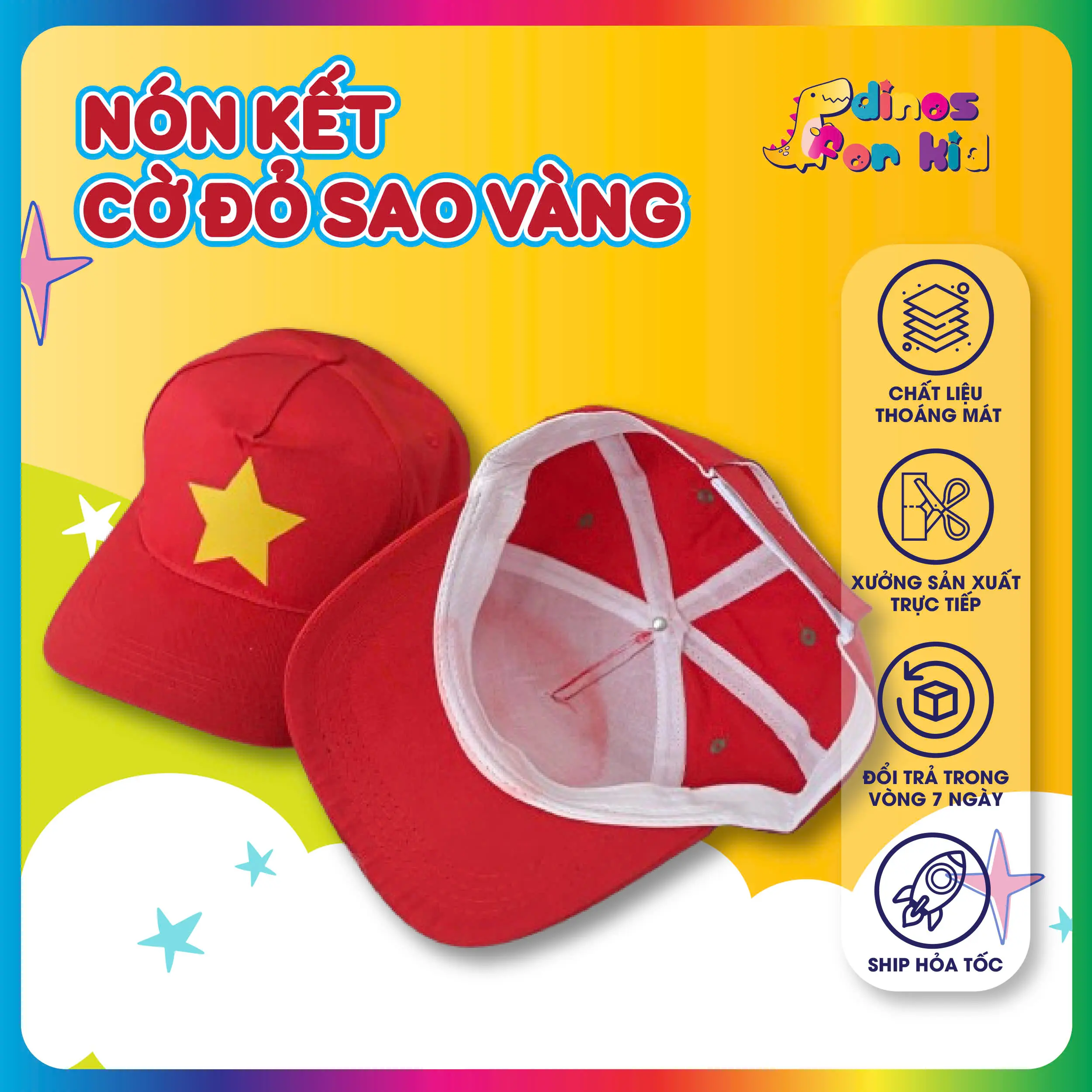 Nón Cờ Đỏ Sao Vàng Nón Lưỡi Trai Nón Kết-Cờ Vẫy Khai Giảng Cho Bé Cổ Vũ Bóng Đá Đi Bão