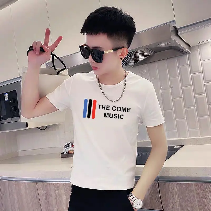 Áo Thun Ngắn Tay, Phong Cách Hàn Quốc, Dáng Ôm, In Hình, Tay Lửng, Dành Cho Nam Giới, Người Nổi Tiếng Trên Mạng Web Chàng Trai Thông Minh, Áo Lớp Cơ Sở Cổ Tròn, Mùa Hè 2024 Menswear Nhung 4