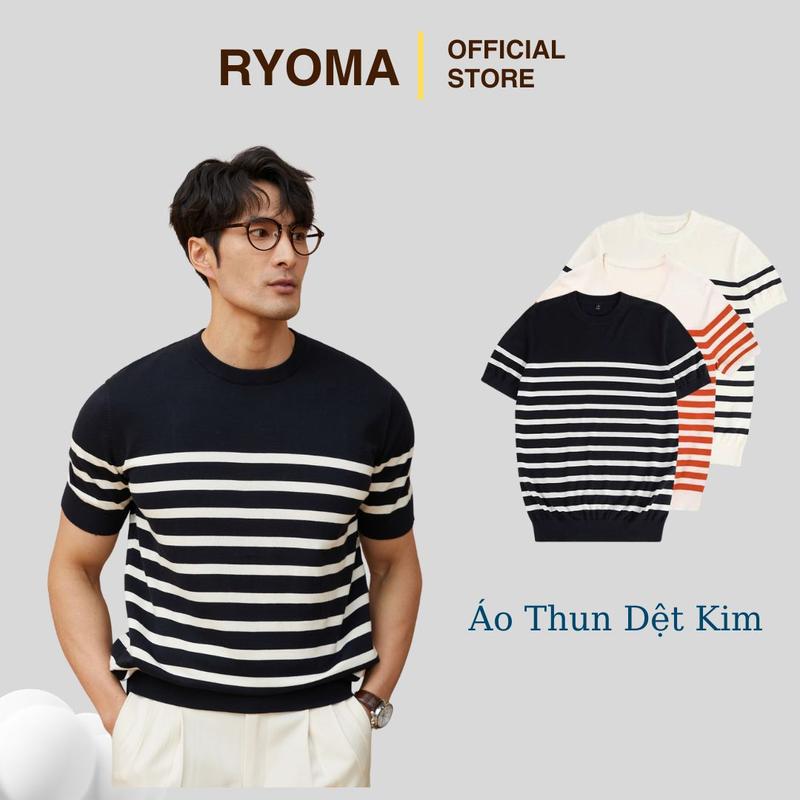 Áo thun dệt kim RYOMA, chất Knit - mongtoghi cao cấp, co giãn 4 chiều, mềm mịn, mát mẻ, thanh lịch NLH-06 áo  len Nam Menswear Sọc Cổ Tròn
