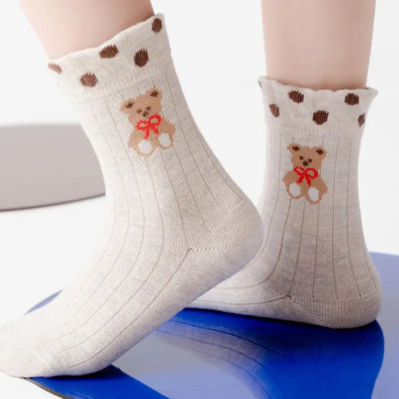 Tất Cotton Ấm Áp Cho Bé, 5 Đôi / lô, Gấu Hoạt Hình, Mùa Thu Đông, Cho Trẻ Mới Biết Đi, Bé Trai Và Bé Gái, Nơ In Hình Dễ Thương, Tất Ống Giữa Cho Trẻ Em 3