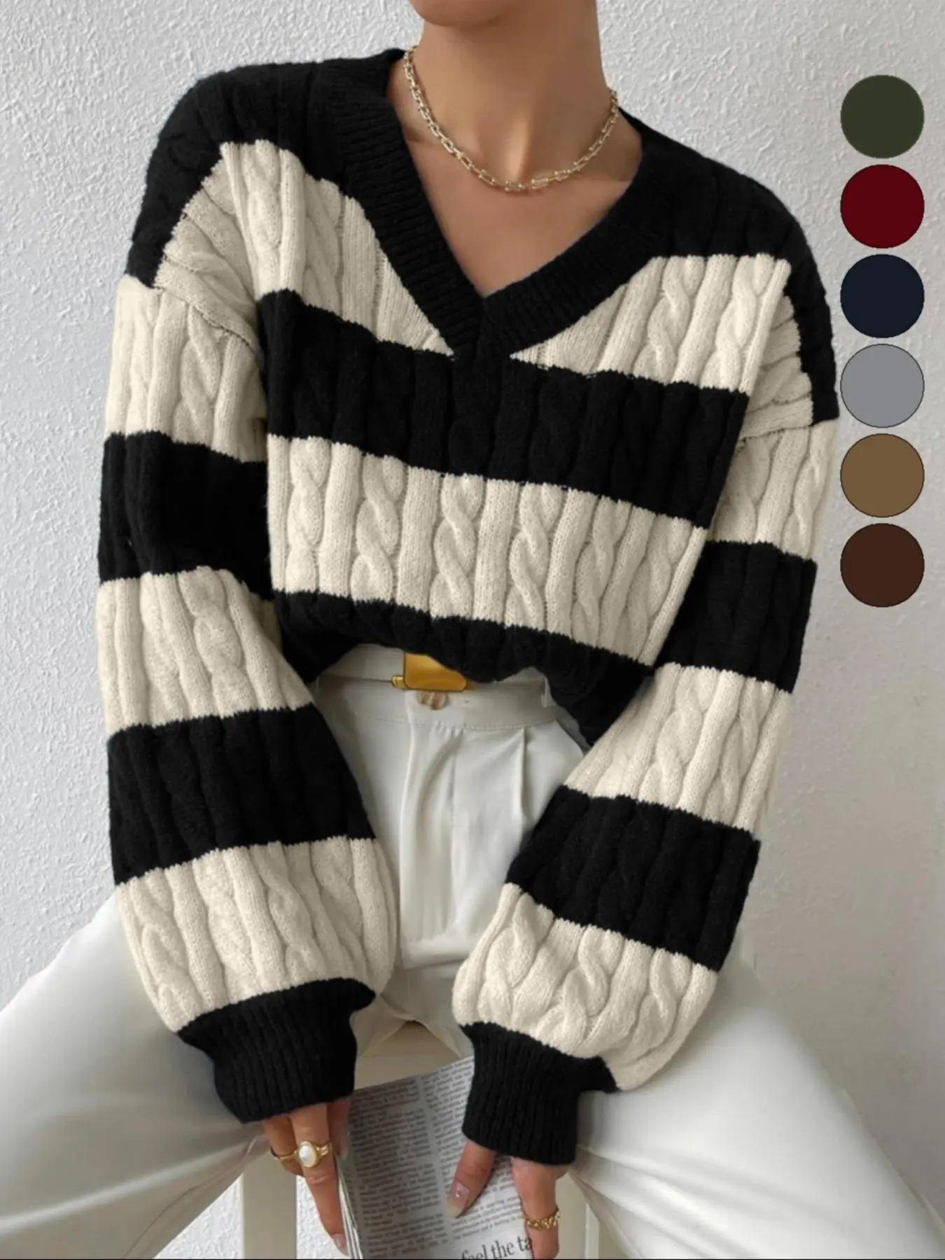 Women's Cable Knit Striped V Neck Sweater, Casual Long Sleeve Drop Shoulder Jumper Pullover Tops, Winter Sweater, Women's Commuter Sweater Knitwear Clothing Mam Jumper