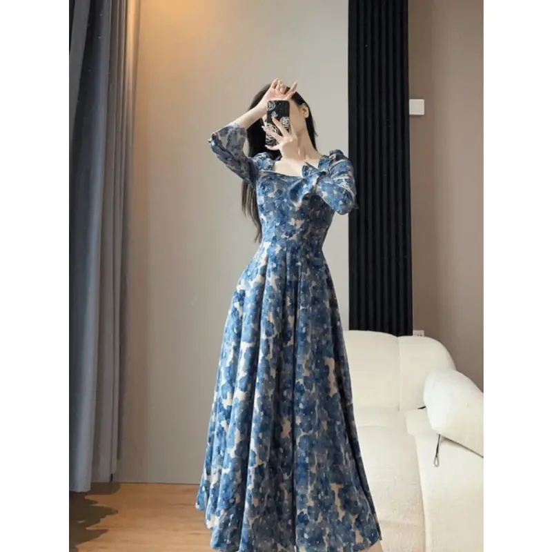 [ready stock]FADFAD - Gaun Maxi Wanita Motif Bunga Biru Elegan - Lengan Panjang Model Korea Vintage - Bahan Adem Berkualitas - Cocok untuk Acara Formal & Santai 3