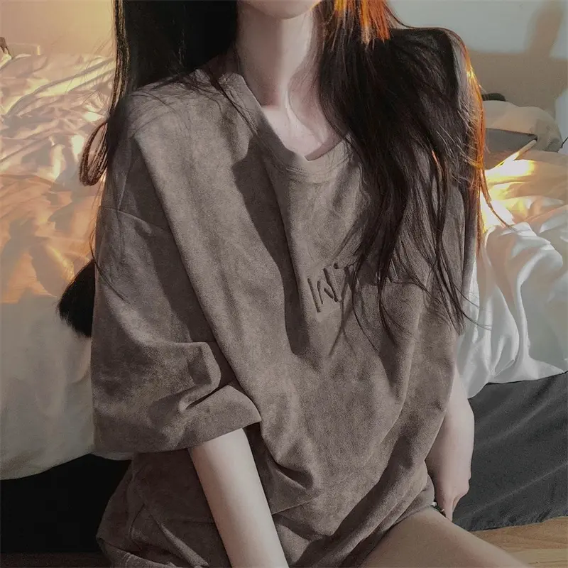 Summer women's simple round neck letter loose all-match solid color short-sleeved T-shirt