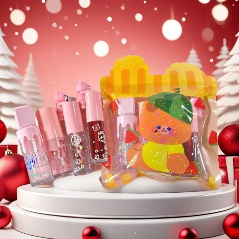Cartoon Bear Pattern Lip Gloss Set, 4 Counts/set Glitter Lip Glaze, Long Lasting Lipstick, for All Occasions Lip Makeup, Girls Makeup Accessories, Cosmetic 3