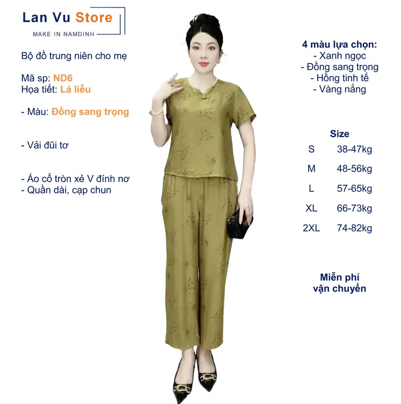 ND6 Bộ cho Mẹ, Bộ Trung Niên, Bộ mặc nhà, LANVU STORE Make in Namdinh, Họa tiết Lá liễu, Áo Cổ tròn xẻ V đính nơ, Quần suông dài 9 tấc có túi, Vải đũi tơ thoáng nhẹ Nữ Women Voi setdongu cute đồ macnha 1