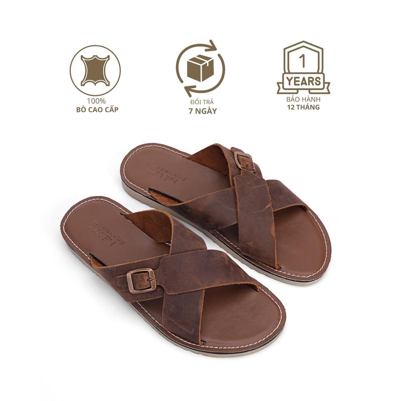 MH14 - Dép Sandal Da Bò Nam Nữ Quai Ngang Đế Đúc Cao Su Nguyên Khối Đồng Đế Bằng Chính Hãng MEHAI S & C
