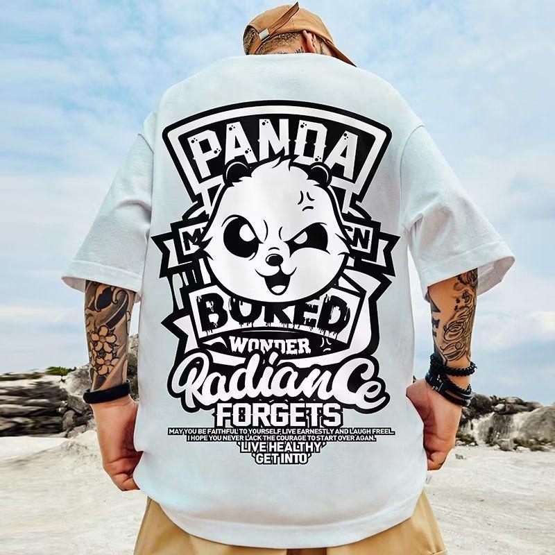 [Popular Print] New Chinese Style Panda Fat Man Trendy Ins Short Sleeve T-Shirt Loose Fit Summer Plus Size Five-Quarter Sleeve Chinese Style 0